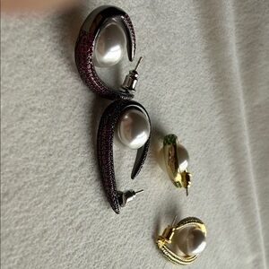 NEW - Pave - large Pearl Earrings with “emerald stones”  Gold Tone